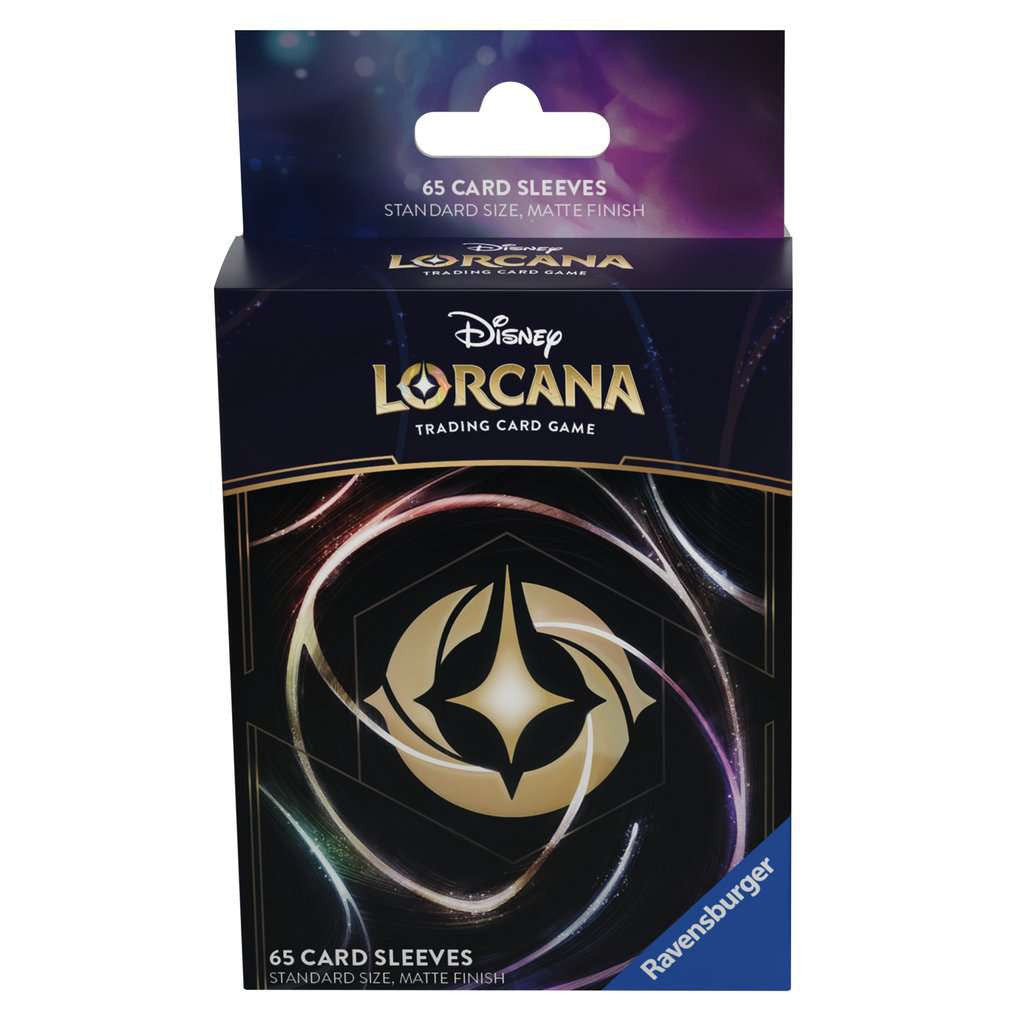 Pack de 65 protège-cartes Disney Lorcana officiels Ravensburger, format standard, finition mate, design noir avec logo Lorcana doré.