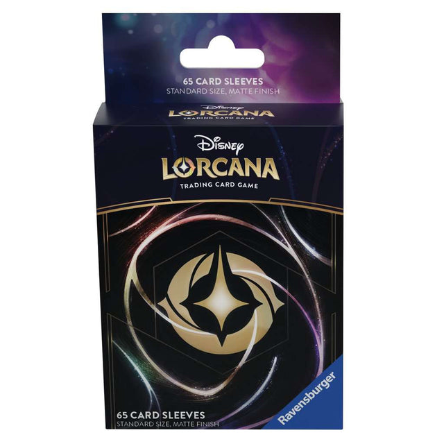 Pack de 65 protège-cartes Disney Lorcana officiels Ravensburger, format standard, finition mate, design noir avec logo Lorcana doré.