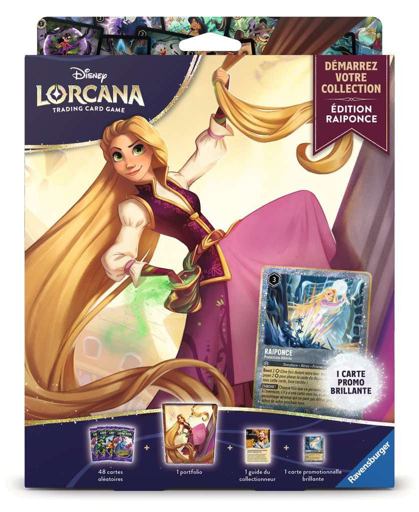 Coffret Disney Lorcana Démarrez votre Collection Édition Raiponce avec album illustré, 4 boosters, carte promo brillante Raiponce et guide du collectionneur.