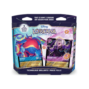 Coffret de démarrage Disney Lorcana pour 2 joueurs avec Baymax et Madame Mime, contenant deux decks préconstruits et 4 cartes brillantes spéciales.