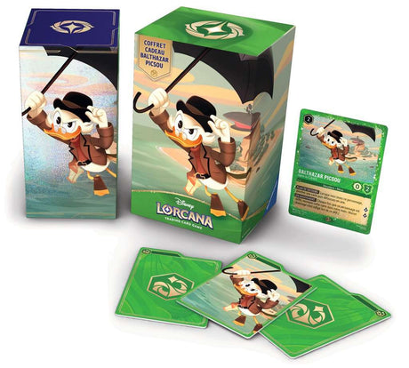 Coffret Cadeau Disney Lorcana Balthazar Picsou avec boîte de rangement illustrée, 5 boosters, carte brillante spéciale et séparateurs de cartes.