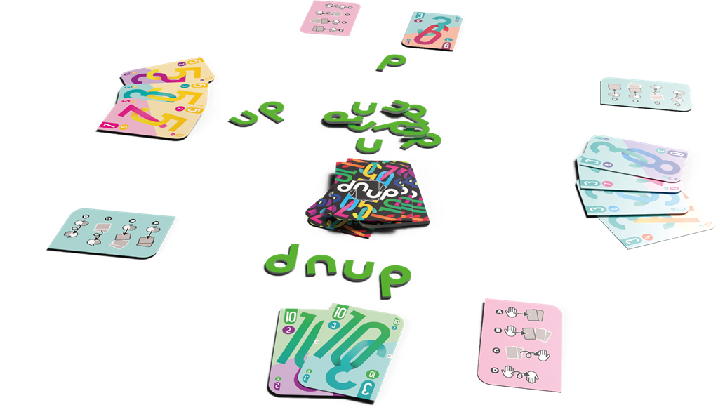 Boîte du jeu Dnüp verte et noire avec cartes au centre et chiffres colorés, indiquant 2 à 5 joueurs, 15 minutes et dès 8 ans.