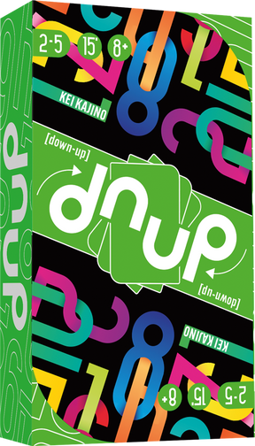 Boîte du jeu Dnüp verte et noire avec cartes au centre et chiffres colorés, indiquant 2 à 5 joueurs, 15 minutes et dès 8 ans.