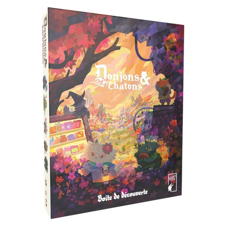 Boîte de découverte Donjons & Chatons, jeu de rôle fantastique avec illustration de chatons aventuriers dans un paysage féerique automnal, entourés de fleurs, d'arbres colorés et d'un village au loin.