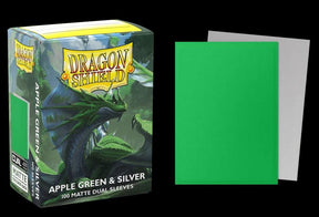 Boîte Dragon Shield Dual Matte Apple Green & Silver contenant 100 protège-cartes standard vert pomme avec intérieur argenté et finition mate.