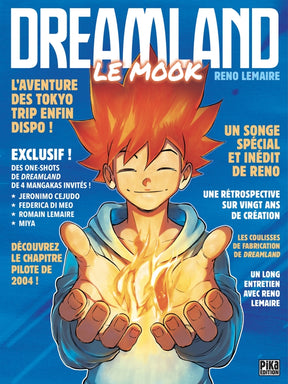 Dreamland Le Mook de Reno Lemaire, avec un personnage aux cheveux orange tenant une flamme dans ses mains sur fond bleu.