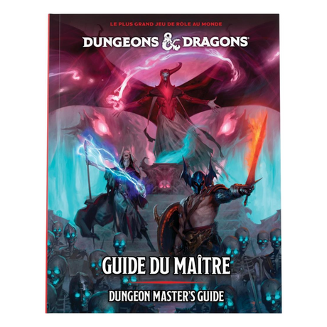 Couverture du livre Donjons & Dragons Guide du Maître 2024 en français, représentant des créatures fantastiques, des lanceurs de sorts et une armée de squelettes aux yeux bleus lumineux.