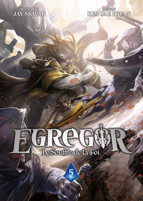 manga Egregor – Le Souffle de la Foi, mettant en scène un jeune héros déterminé entouré de mystérieux ennemis au design sombre et fantastique.