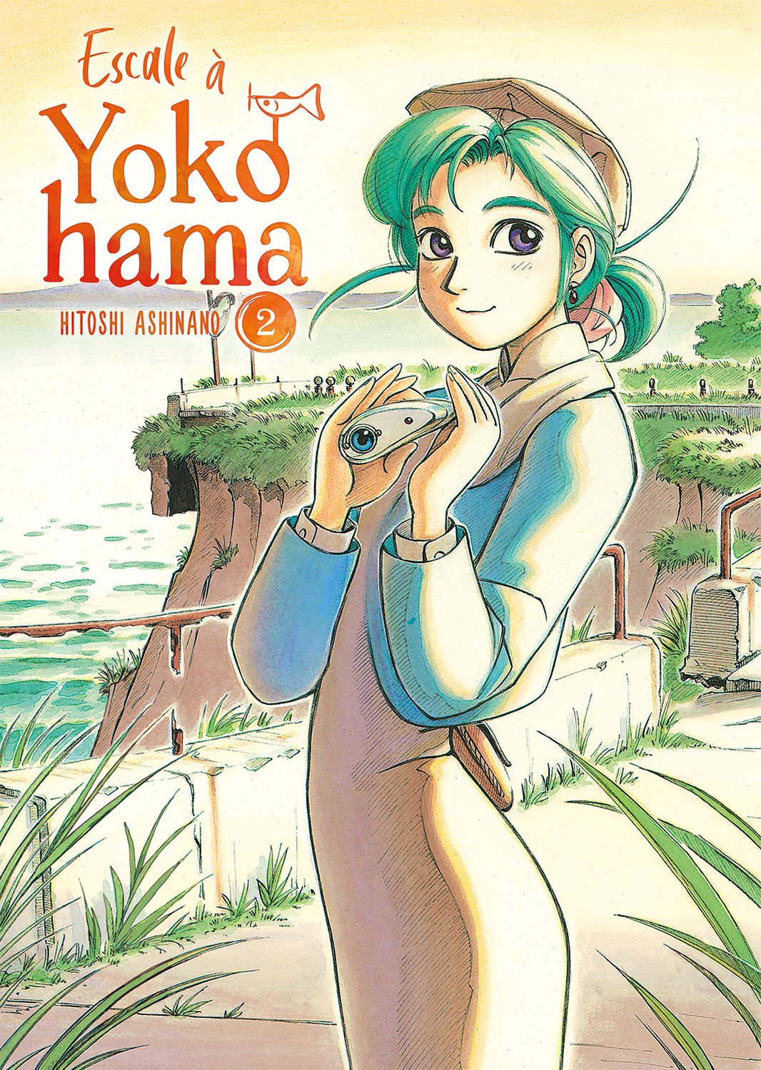 manga Escale à Yokohama, mettant en scène Alpha, une jeune femme aux cheveux verts, devant un paysage côtier paisible, avec son scooter.