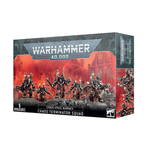Boîte de figurines Terminators du Chaos pour Warhammer 40K, avec 5 miniatures imposantes et suréquipées.