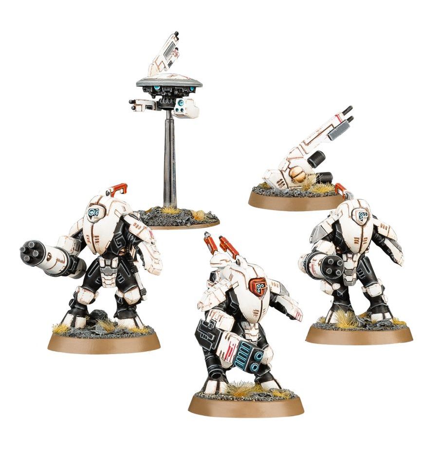 Boîte des Stealth Battlesuits XV25 pour Warhammer 40,000. Ce kit contient trois exo-armures furtives, accompagnées de drones de soutien, parfaites pour des attaques tactiques et insaisissables.