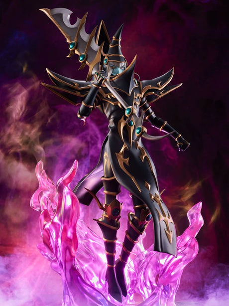 Figurine du Dark Paladin issue de Yu-Gi-Oh!, en pose dynamique avec flammes violettes et socle orné de symboles magiques.