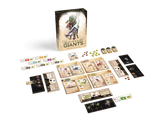 Boîte du jeu First Giants avec illustration d’animaux préhistoriques stylisés, dont un dinosaure, un mammouth et un ptérosaure.
