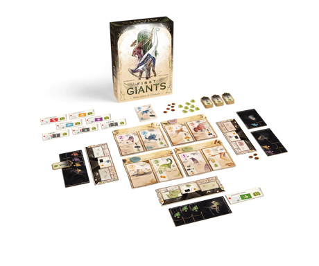 Boîte du jeu First Giants avec illustration d’animaux préhistoriques stylisés, dont un dinosaure, un mammouth et un ptérosaure.
