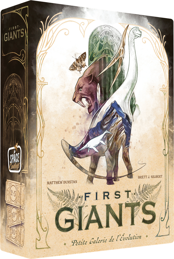 Boîte du jeu First Giants avec illustration d’animaux préhistoriques stylisés, dont un dinosaure, un mammouth et un ptérosaure.