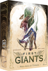 Boîte du jeu First Giants avec illustration d’animaux préhistoriques stylisés, dont un dinosaure, un mammouth et un ptérosaure.