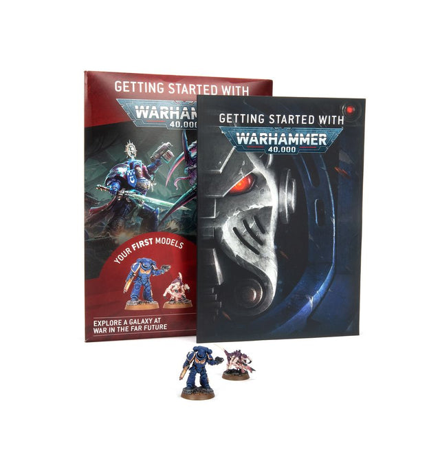 Livre Getting Started with Warhammer 40,000, avec figurines exclusives Space Marine et Tyranide pour découvrir l’univers du jeu.