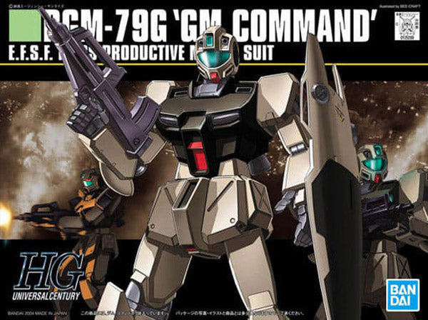 Modèle Gunpla HG 1/144 RGM-79G GM Command beige avec bouclier noir et fusil, kit Bandai de Mobile Suit Gundam.