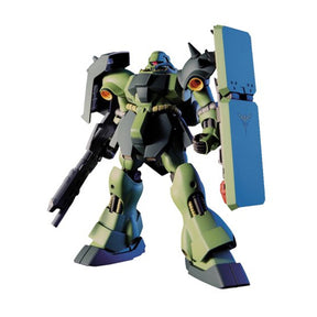 Gunpla HG 1/144 AMS-119 Geara Doga vert et noir avec fusil et grand bouclier, modèle Bandai de Char’s Counterattack.