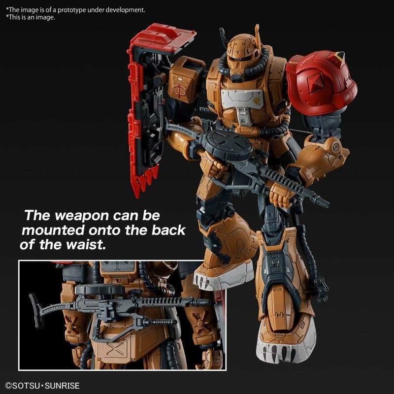 Gunpla HG 1/144 Zaku II F-Type Solari RFV marron et noir avec bouclier dorsal et fusil, modèle Bandai détaillé.