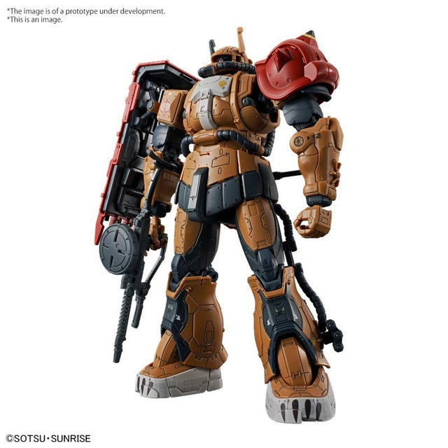 Gunpla HG 1/144 Zaku II F-Type Solari RFV marron et noir avec bouclier dorsal et fusil, modèle Bandai détaillé.