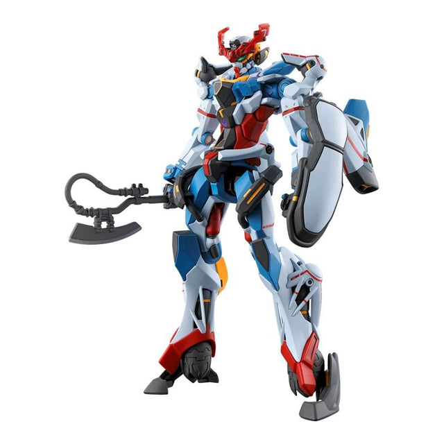 Gunpla HG 1/144 Mobile Suit G-Quuuuuuu aux couleurs rouge, bleu et blanc, équipé d’une grande hache articulée et d’un bouclier.