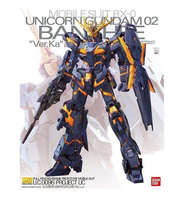 Gunpla MG 1/100 Unicorn Gundam 02 Banshee Ver.Ka bleu nuit et or, modèle transformable Bandai avec Psycho-Frame ambré.