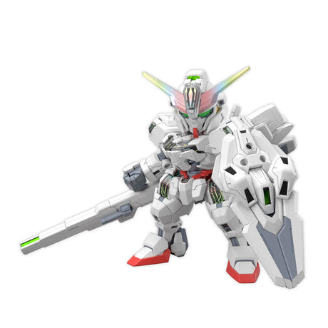 Gunpla SD Cross Silhouette Gundam Calibarn blanc avec fusil et bouclier, modèle compact stylisé de The Witch from Mercury.