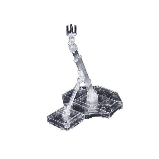 Socle transparent Action Base 1 Clear pour Gunpla avec base et bras articulé sur fond blanc.