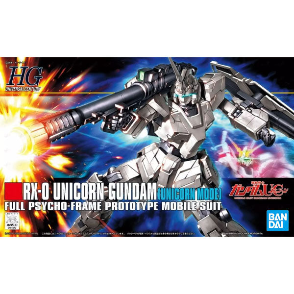 Maquette Gundam Gunpla HGUC 1/144 RX-0 Unicorn Gundam Unicorn Mode par Bandai, robot blanc avec corne frontale, Beam Magnum bleu foncé et bouclier sur fond blanc.