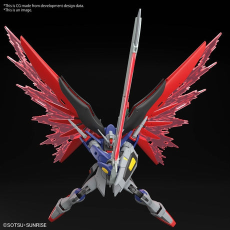 Maquette Gunpla HG 1/144 Destiny Gundam Spec II & Zeus Silhouette avec armement géant, ailes rouges et blanches sur fond blanc.