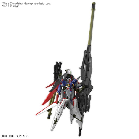 Maquette Gunpla HG 1/144 Destiny Gundam Spec II & Zeus Silhouette avec armement géant, ailes rouges et blanches sur fond blanc.