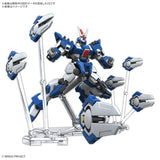 Maquette Gunpla HG 1/144 Ashsaviour bleue, blanche et grise avec épaules imposantes et grande arme sur fond blanc.