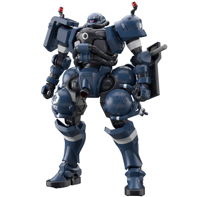 Maquette Gunpla HG 1/144 Police Zaku bleu foncé avec armure massive, marquages police et accessoires, sur fond blanc.