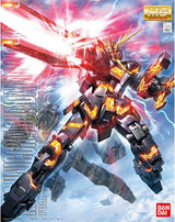 Maquette Gundam Gunpla MG 1/100 RX-0 Unicorn Gundam 02 Banshee par Bandai, robot bleu nuit et or avec cornes dorées, Armed Armor BS et VN, sur fond blanc.
