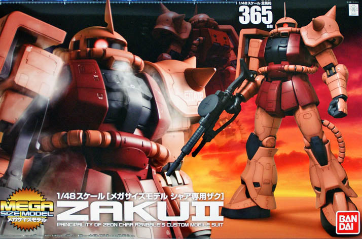 Maquette Gunpla Mega Size 1/48 MS-06S Zaku II rouge avec fusil, bouclier, épaule à pointe et silhouette massive sur fond blanc.