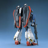 Maquette Gunpla PG 1/60 Zeta Gundam bleue, blanche, rouge et jaune avec fusil et bouclier, sur fond blanc.