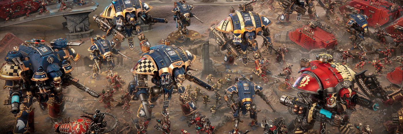 Bannière catégorie Warhammer avec figurines, univers Warhammer 40,000, Age of Sigmar, Horus Heresy, Vieux Monde et Black Library