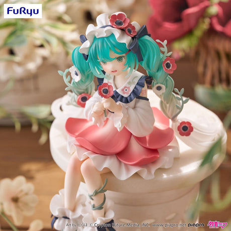 Figurine PVC Hatsune Miku Flower Fairy Anemone de 14 cm, version Noodle Stopper par FuRyu, représentant Miku assise dans une tenue florale pastel.