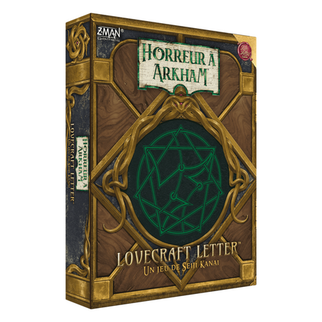 Boîte du jeu de cartes Horreur à Arkham Lovecraft Letter de Z-Man Games, avec coffret illustré façon livre ancien, ornements dorés, symbole occulte vert et titre Lovecraft Letter en lettres dorées.