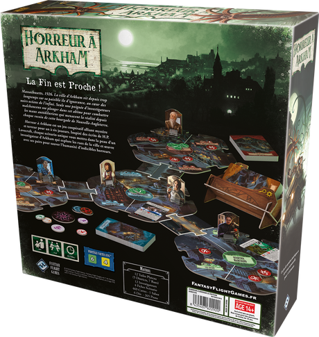 Boîte du jeu de société Horreur à Arkham V3 de Fantasy Flight Games, illustrant des investigateurs fuyant en voiture des créatures tentaculaires dans une ville sombre, sous une lumière verte surnaturelle.