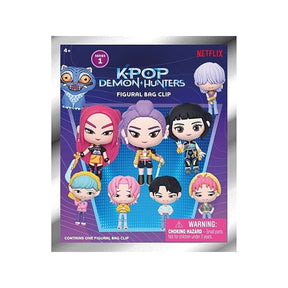Visuel KPop Demon Hunters Figural Bag Clip Series 1 avec plusieurs personnages chibi colorés, vendu en sachet mystère avec un modèle aléatoire.
