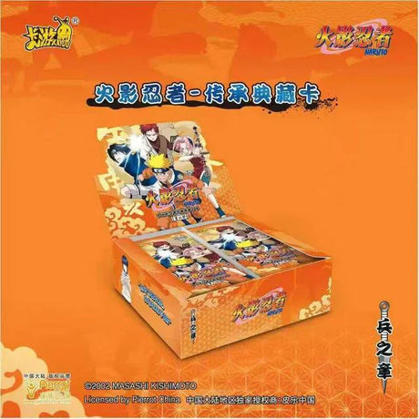 Booster de cartes Naruto illustré avec les personnages principaux, produit de la gamme Cartes Naruto Kayou sur fond orange.