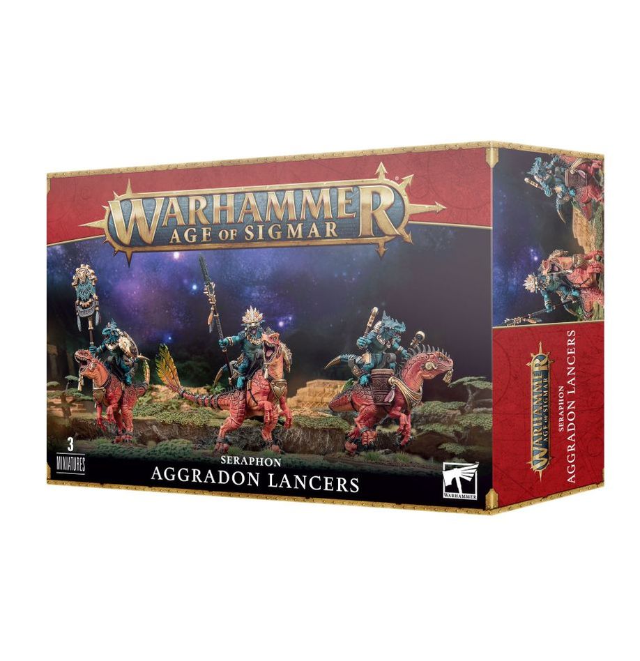 Boîte Warhammer Age of Sigmar Seraphon Aggradon Lancers avec 3 cavaliers saurus sur montures reptiliennes rouges