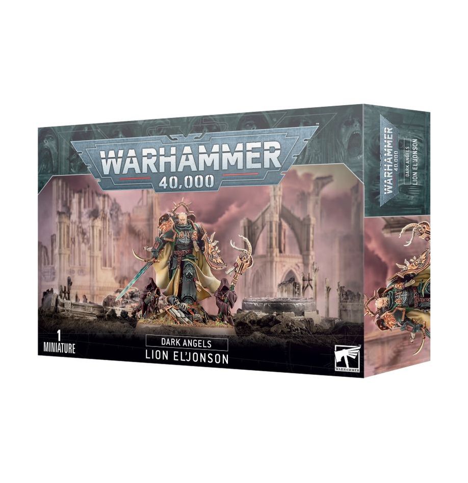 Boîte Warhammer 40,000 Dark Angels : figurine Citadel de Lion El’Jonson, Primarque loyaliste, avec épée et bouclier.