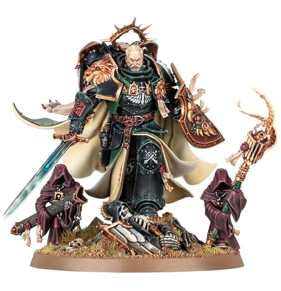 Boîte Warhammer 40,000 Dark Angels : figurine Citadel de Lion El’Jonson, Primarque loyaliste, avec épée et bouclier.