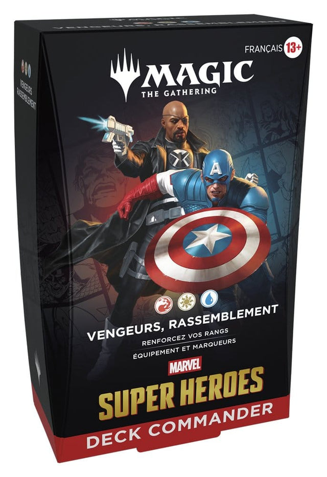 Boîte du Deck Commander Magic: The Gathering Marvel Super Heroes Vengeurs, Rassemblement en français avec Captain America et Nick Fury.