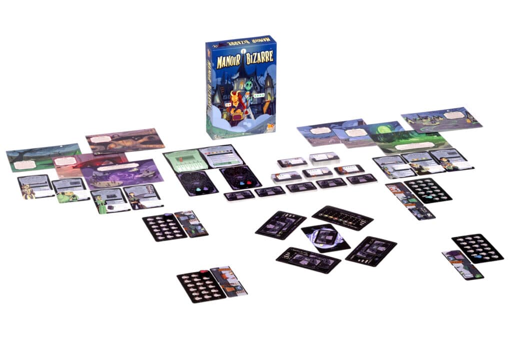 Boîte du jeu de société Manoir Bizarre par Bombyx, illustrée avec un manoir fantastique, une démone et un personnage extraterrestre.