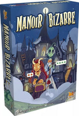 Boîte du jeu de société Manoir Bizarre par Bombyx, illustrée avec un manoir fantastique, une démone et un personnage extraterrestre.