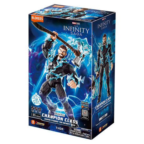 Boîte Marvel Blokees Champion Class Thor Infinity Saga avec le héros tenant Stormbreaker entouré d’éclairs bleus.